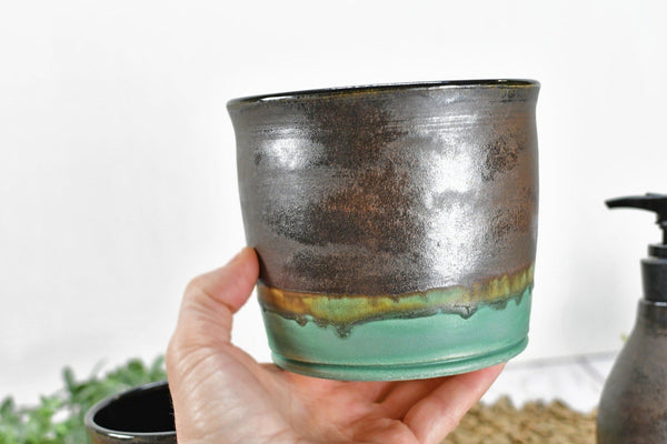 Ceramic Utensil Holder Crock for Kitchen Countertop, Pottery Organizer in Bronze Sage Verdigris Green, Flower Pot or Housewarming Gift