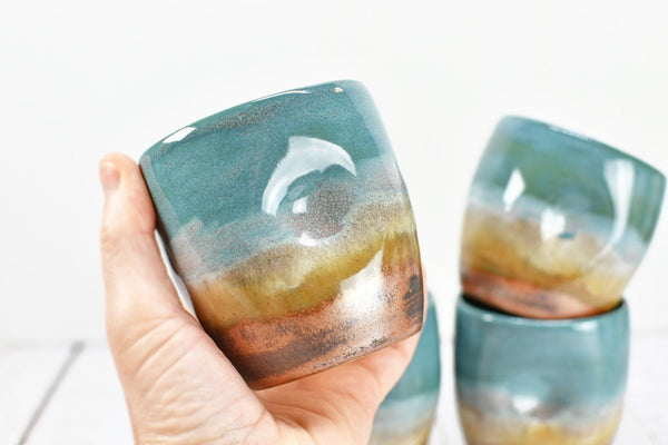 Stemless Ceramic Wine Tumbler Handmade with Thumb Dent, Beachy Copper Turquoise Stoneware Pottery Sake Cup
