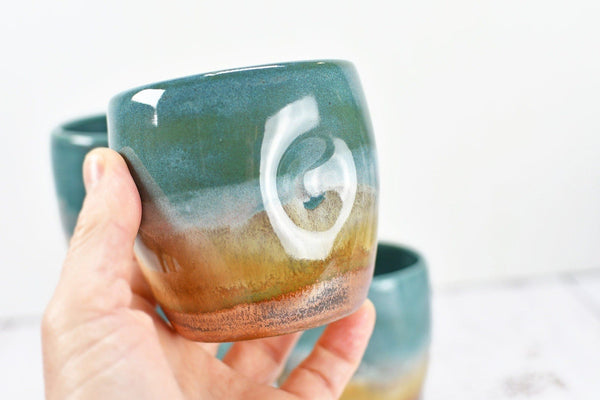 Stemless Ceramic Wine Tumbler Handmade with Thumb Dent, Beachy Copper Turquoise Stoneware Pottery Sake Cup