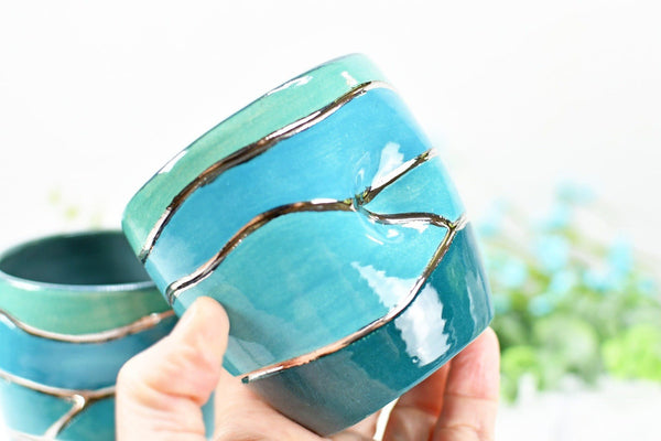 Stemless Ceramic Wine Tumbler Handmade with Thumb Dent, Striped Beachy Turquoise & Blue with Real White Gold Luster Stoneware Pottery Cup