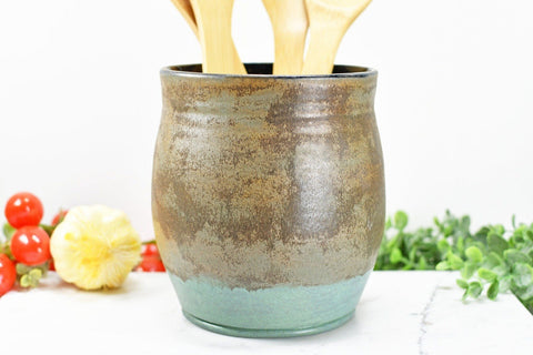 Ceramic Utensil Holder Crock for Kitchen Countertop, Pottery Organizer in Bronze and Sage Green, Flower Pot or Housewarming Gift