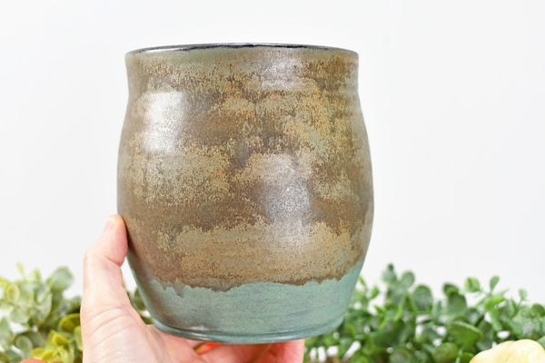 Ceramic Utensil Holder Crock for Kitchen Countertop, Pottery Organizer in Bronze and Sage Green, Flower Pot or Housewarming Gift