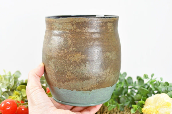 Ceramic Utensil Holder Crock for Kitchen Countertop, Pottery Organizer in Bronze and Sage Green, Flower Pot or Housewarming Gift