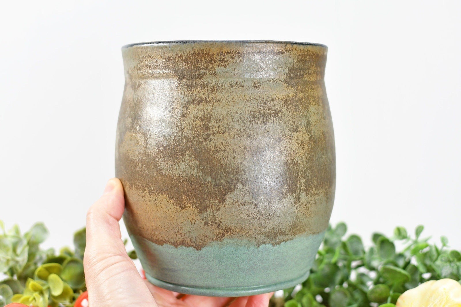 Ceramic Utensil Holder Crock for Kitchen Countertop, Pottery Organizer in Bronze and Sage Green, Flower Pot or Housewarming Gift