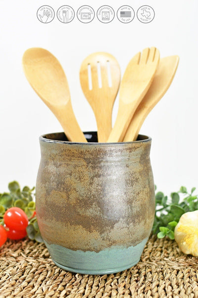 Ceramic Utensil Holder Crock for Kitchen Countertop, Pottery Organizer in Bronze and Sage Green, Flower Pot or Housewarming Gift