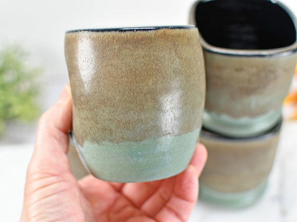 Ceramic Wine Tumbler with Thumb Dent & Whiskey Cup, Handmade Bronze and Sage Green Stoneware Pottery Drink and Barware