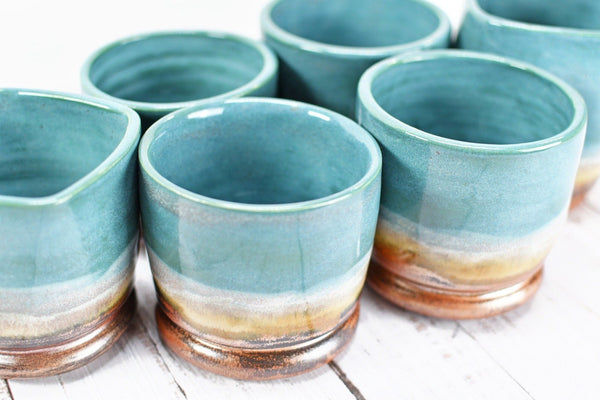 Whiskey Bourbon Tumblers, Handmade Ceramic Pottery Scotch or Wine Barware Birthday, Anniversary or Wedding Gift in Copper, Teal Blue