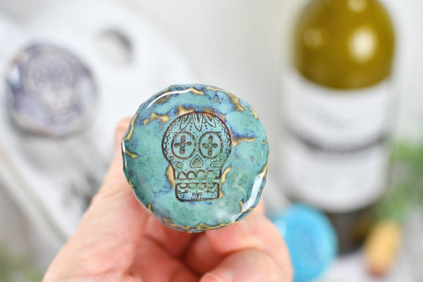 Sugar Skull Wine Bottle Stoppers, Handmade Ceramic Pottery Barware Gift for Birthday, Housewarming, Dia de Los Muertos