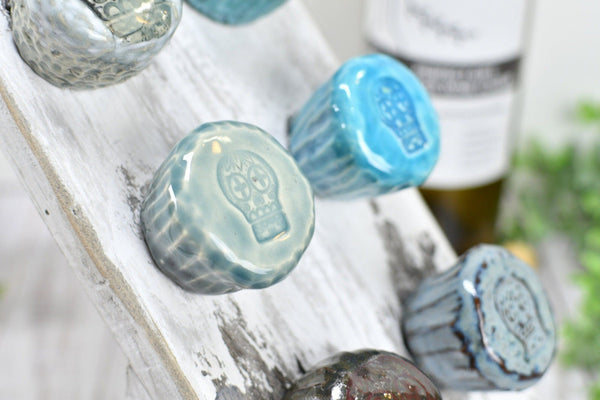 Sugar Skull Wine Bottle Stoppers, Handmade Ceramic Pottery Barware Gift for Birthday, Housewarming, Dia de Los Muertos