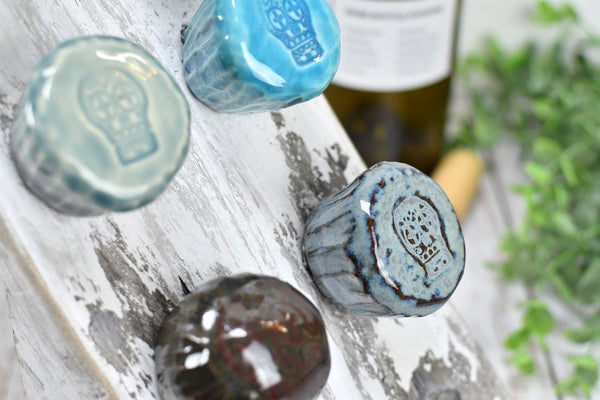 Sugar Skull Wine Bottle Stoppers, Handmade Ceramic Pottery Barware Gift for Birthday, Housewarming, Dia de Los Muertos