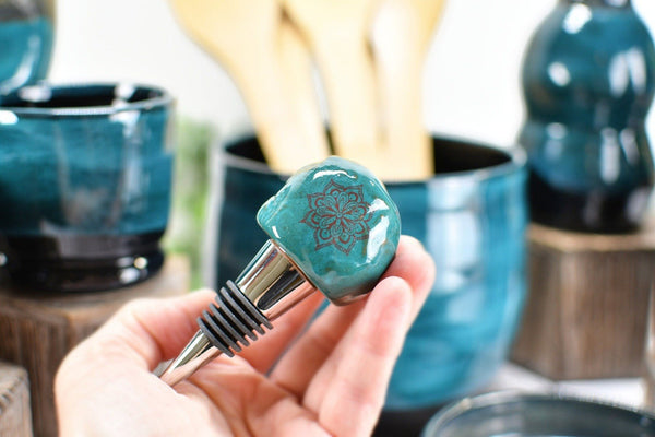 Ceramic Utensil Holder Crock for Kitchen Countertop, Pottery Organizer in Black and Turquoise Blue, Wine Whiskey Cups Housewarming Gift
