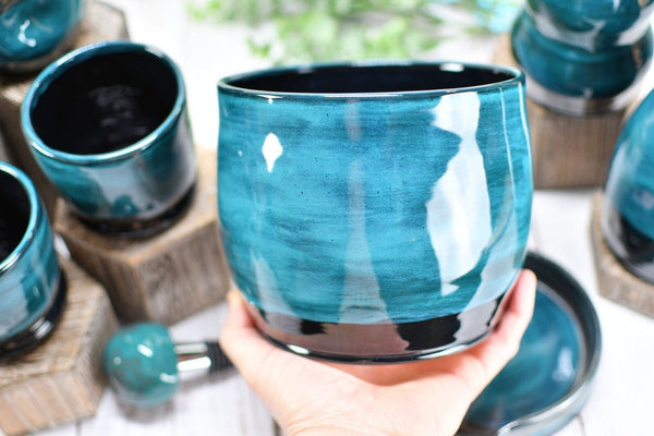 Ceramic Utensil Holder Crock for Kitchen Countertop, Pottery Organizer in Black and Turquoise Blue, Wine Whiskey Cups Housewarming Gift