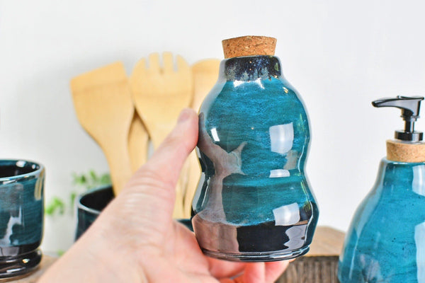 Ceramic Utensil Holder Crock for Kitchen Countertop, Pottery Organizer in Black and Turquoise Blue, Wine Whiskey Cups Housewarming Gift