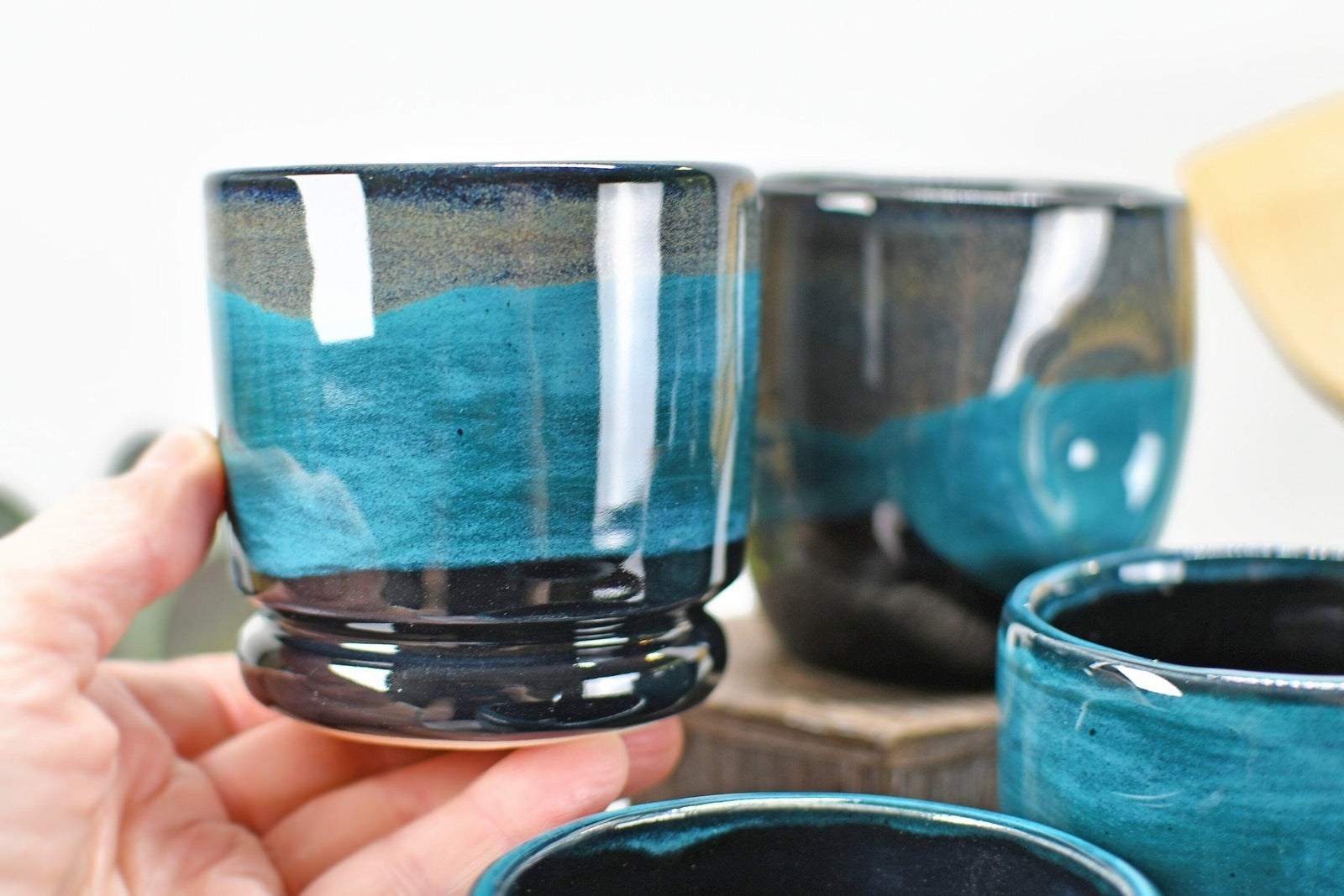 Ceramic Utensil Holder Crock for Kitchen Countertop, Pottery Organizer in Black and Turquoise Blue, Wine Whiskey Cups Housewarming Gift