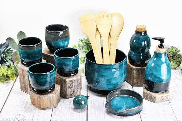 Ceramic Utensil Holder Crock for Kitchen Countertop, Pottery Organizer in Black and Turquoise Blue, Wine Whiskey Cups Housewarming Gift
