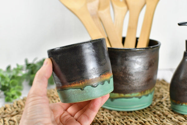 Ceramic Utensil Holder Crock for Kitchen Countertop, Pottery Organizer in Bronze Sage Verdigris Green, Flower Pot or Housewarming Gift