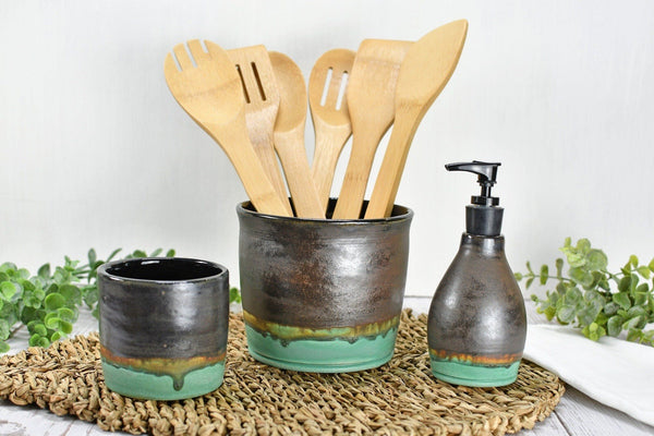 Ceramic Utensil Holder Crock for Kitchen Countertop, Pottery Organizer in Bronze Sage Verdigris Green, Flower Pot or Housewarming Gift