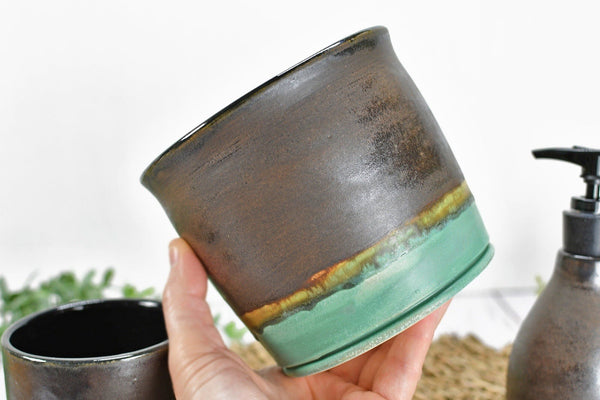 Ceramic Utensil Holder Crock for Kitchen Countertop, Pottery Organizer in Bronze Sage Verdigris Green, Flower Pot or Housewarming Gift