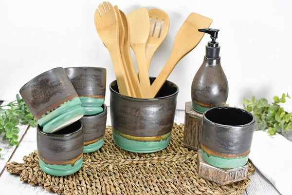 Ceramic Utensil Holder Crock for Kitchen Countertop, Pottery Organizer in Bronze Sage Verdigris Green, Flower Pot or Housewarming Gift