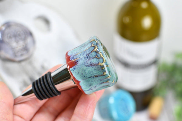 Sugar Skull Wine Bottle Stoppers, Handmade Ceramic Pottery Barware Gift for Birthday, Housewarming, Dia de Los Muertos