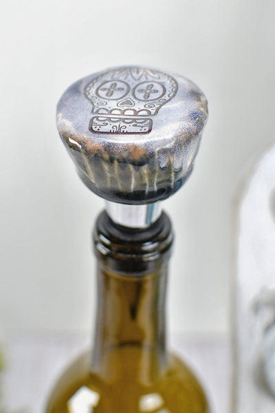 Sugar Skull Wine Bottle Stoppers, Handmade Ceramic Pottery Barware Gift for Birthday, Housewarming, Dia de Los Muertos