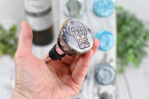 Sugar Skull Wine Bottle Stoppers, Handmade Ceramic Pottery Barware Gift for Birthday, Housewarming, Dia de Los Muertos