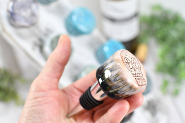 Sugar Skull Wine Bottle Stoppers, Handmade Ceramic Pottery Barware Gift for Birthday, Housewarming, Dia de Los Muertos