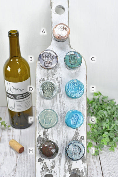 Sugar Skull Wine Bottle Stoppers, Handmade Ceramic Pottery Barware Gift for Birthday, Housewarming, Dia de Los Muertos