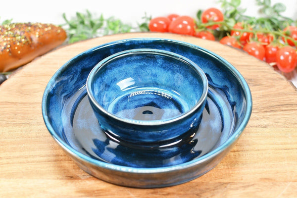 Chip and Dip Ceramic Bowl Set, Handmade Blue Attached Snack Stoneware Pottery Medium Size Party Serving Dish, Unique Housewarming Gift