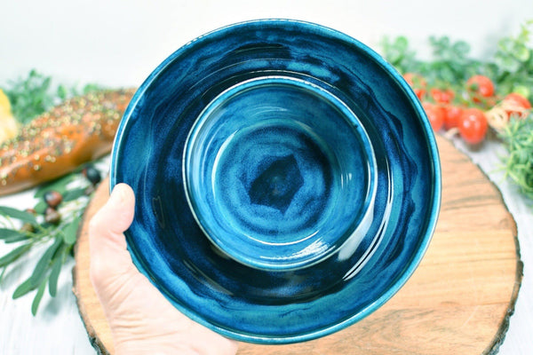 Chip and Dip Ceramic Bowl Set, Handmade Blue Attached Snack Stoneware Pottery Medium Size Party Serving Dish, Unique Housewarming Gift