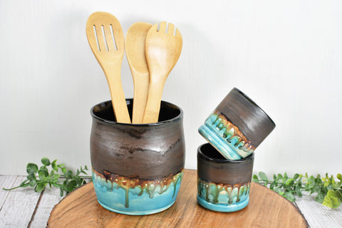 SECONDS SALE - Bronze Ceramic Utensil Holder Crock for Kitchen Counter, Pottery Organizer in Black & Turquoise Blue Green, Housewarming Gift