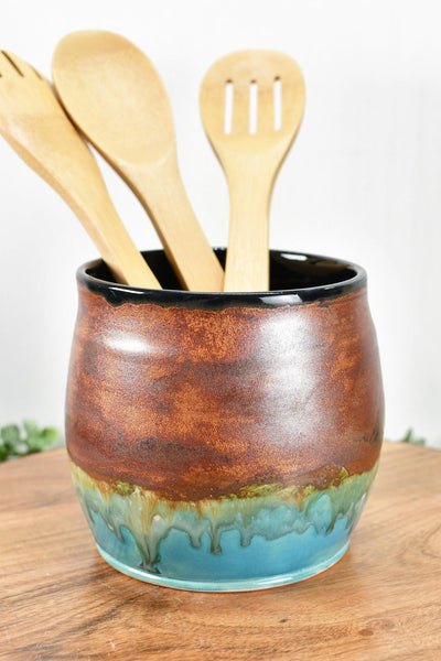 SECONDS SALE - Ceramic Utensil Holder Crock Kitchen Counter, Pottery Organizer, Copper Turquoise Blue Black, Flower Pot or Housewarming Gift