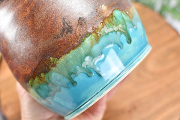 SECONDS SALE - Ceramic Utensil Holder Crock Kitchen Counter, Pottery Organizer, Copper Turquoise Blue Black, Flower Pot or Housewarming Gift