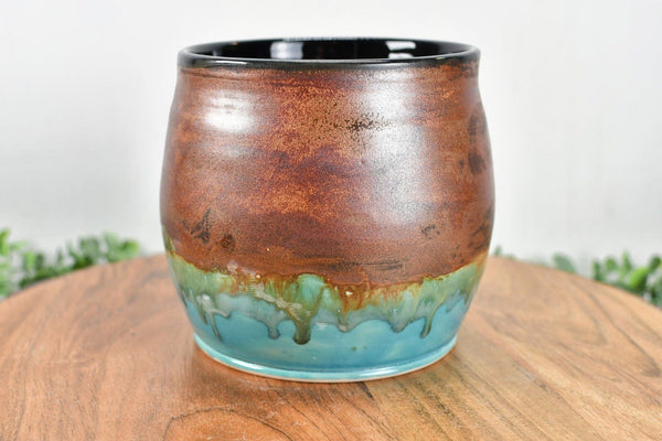 SECONDS SALE - Ceramic Utensil Holder Crock Kitchen Counter, Pottery Organizer, Copper Turquoise Blue Black, Flower Pot or Housewarming Gift