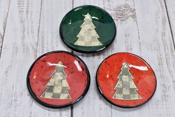 Christmas Tree Ceramic Small Spoon Rest, Buffalo Plaid Pattern Jewelry Trinket Dish, Handmade Pottery Hand Painted in Red, Green, & Black