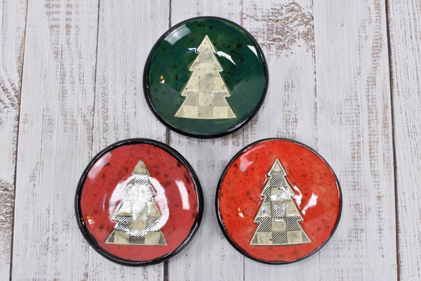 Christmas Tree Ceramic Small Spoon Rest, Buffalo Plaid Pattern Jewelry Trinket Dish, Handmade Pottery Hand Painted in Red, Green, & Black