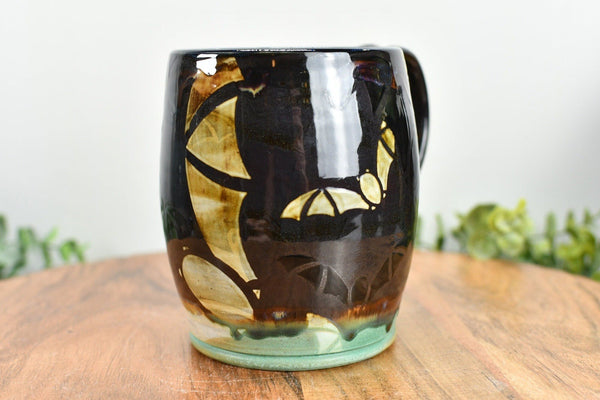 Bat Halloween Large Coffee Mug, Drippy Sparkle Black Stoneware Pottery Ceramic Cup with Turquoise Base, Punk Gothic Decor, Handmade Gift