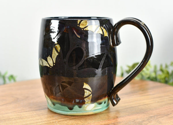 Bat Halloween Large Coffee Mug, Drippy Sparkle Black Stoneware Pottery Ceramic Cup with Turquoise Base, Punk Gothic Decor, Handmade Gift