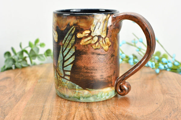 Hummingbird Handmade Pottery Mug Gift for Her, Copper, Teal Blue and Cream Floral Ceramic Coffee Cup, Stoneware Hand Painted, Microwave Safe