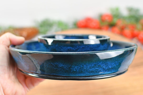 Chip and Dip Ceramic Bowl Set, Handmade Blue Attached Snack Stoneware Pottery Medium Size Party Serving Dish, Unique Housewarming Gift