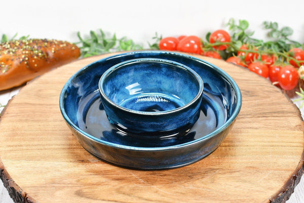 Chip and Dip Ceramic Bowl Set, Handmade Blue Attached Snack Stoneware Pottery Medium Size Party Serving Dish, Unique Housewarming Gift