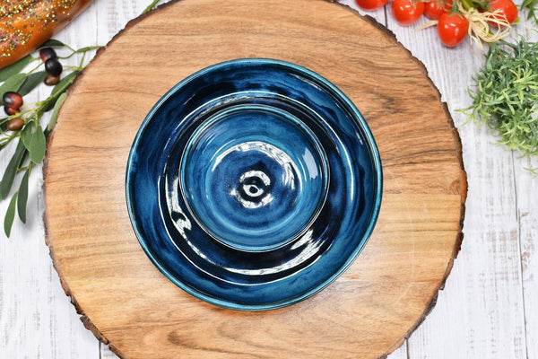 Chip and Dip Ceramic Bowl Set, Handmade Blue Attached Snack Stoneware Pottery Medium Size Party Serving Dish, Unique Housewarming Gift