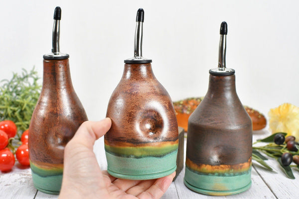 Ceramic Olive Oil Bottle Cruet Dispenser in Copper, Bronze & Patina Turquoise Green, Handmade Anniversary Gift Stoneware Pottery, or Vase