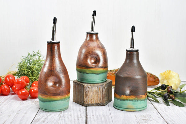 Ceramic Olive Oil Bottle Cruet Dispenser in Copper, Bronze & Patina Turquoise Green, Handmade Anniversary Gift Stoneware Pottery, or Vase