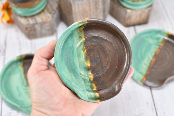 Bronze Ceramic Utensil Holder Crock for Kitchen Countertop, Pottery Organizer in Sage Verdigris Green, Flower Pot, Housewarming Gift