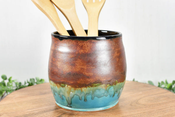 SECONDS SALE - Ceramic Utensil Holder Crock Kitchen Counter, Pottery Organizer, Copper Turquoise Blue Black, Flower Pot or Housewarming Gift