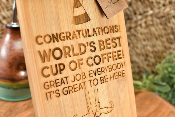 Small Bamboo Cutting Board with Elf Christmas Movie Quotes for Counter Display - World's Best Cup of Coffee, Ninnymuggins, Nutcracker, Candy