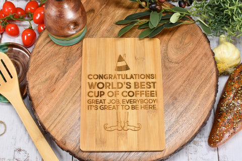 Small Bamboo Cutting Board with Elf Christmas Movie Quotes for Counter Display - World's Best Cup of Coffee, Ninnymuggins, Nutcracker, Candy