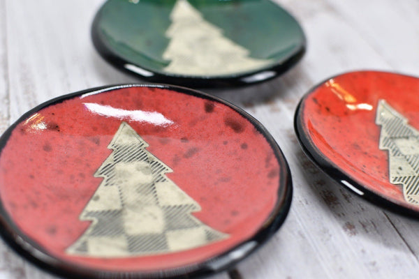 Christmas Tree Ceramic Small Spoon Rest, Buffalo Plaid Pattern Jewelry Trinket Dish, Handmade Pottery Hand Painted in Red, Green, & Black