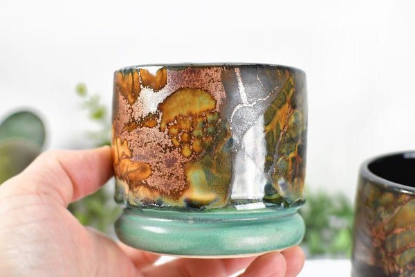 Monarch Butterfly Handmade Pottery Tumbler Cup, Small Abstract Floral Ceramic Stoneware Hand Painted in Copper, Patina Green, Cream, Microwave Safe